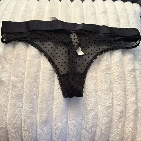 NWT Victoria’s Secret Mesh Sheer Polka Dot Black Logo Thong- Size Medium - Picture 4 of 4